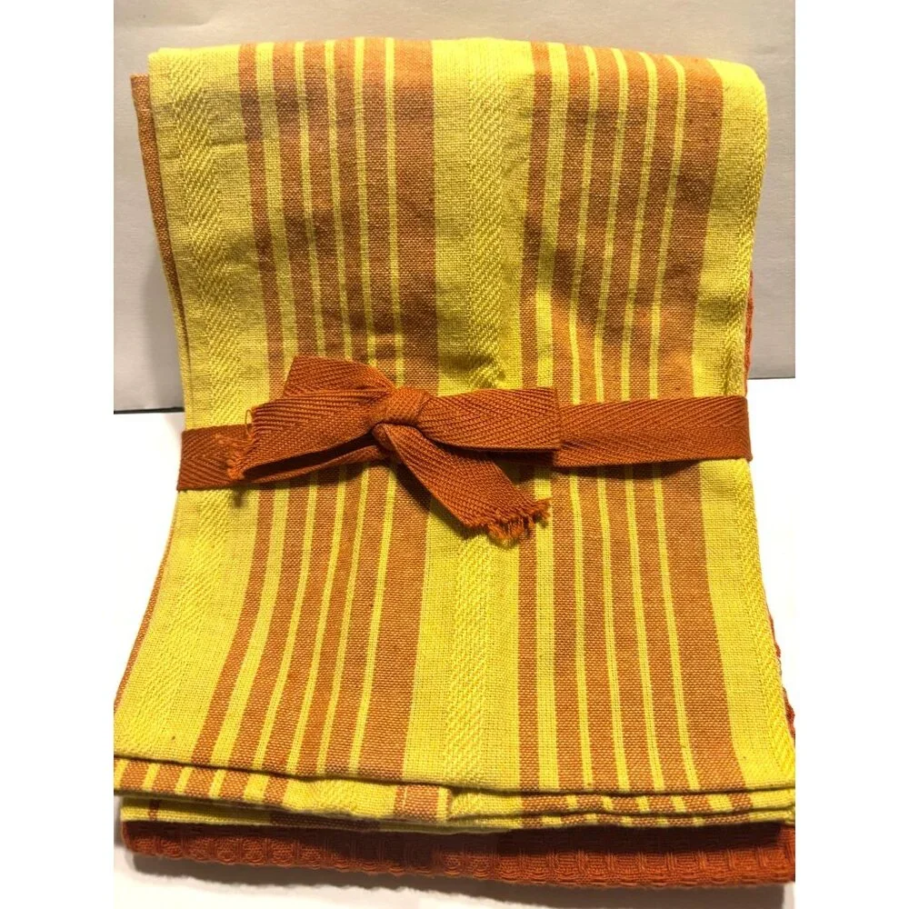 Set Of 3 Fall Kitchen Towels With Pumpkin Embroidery & Plaid Design Orange & Yel
